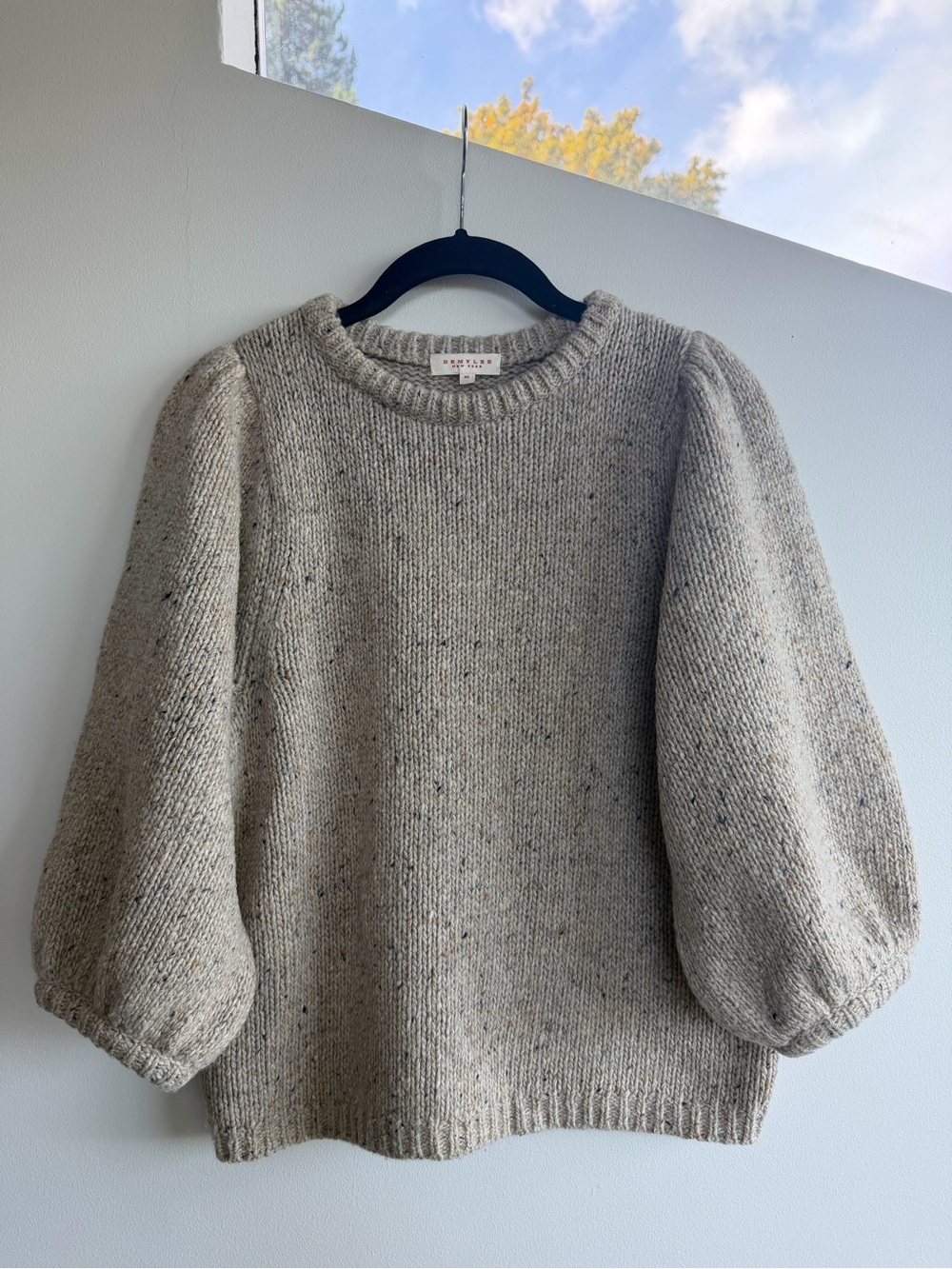 Demylee Bardot Puff-Sleeve Wool Blend Sweater in Oatmeal, XS